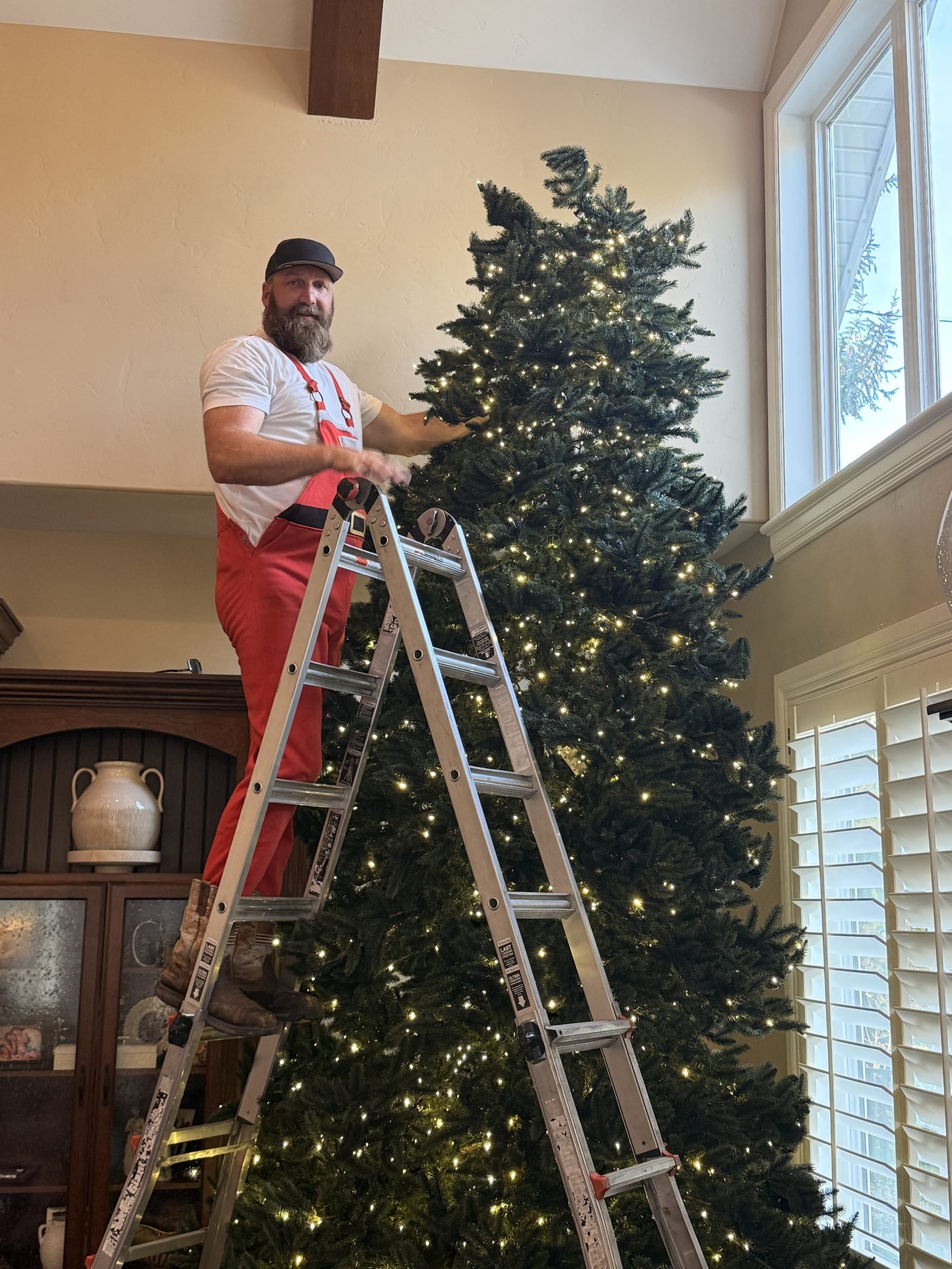 Joe on a ladder lighting a tall tree