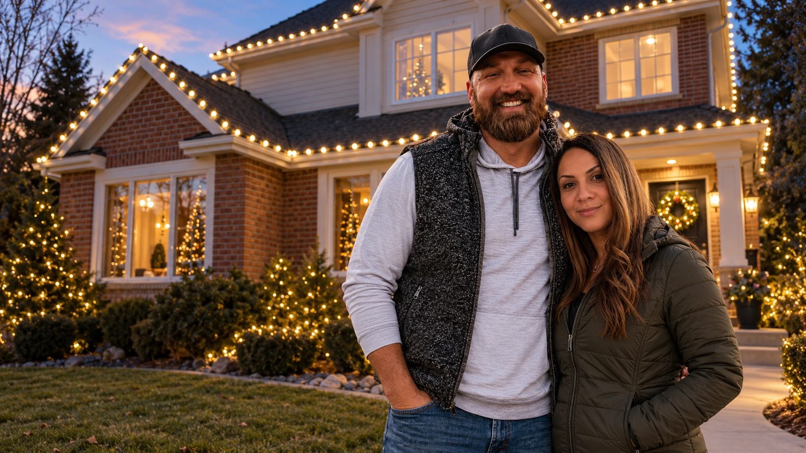 Joe and Celly in front of a Davis County home lit for the holidays