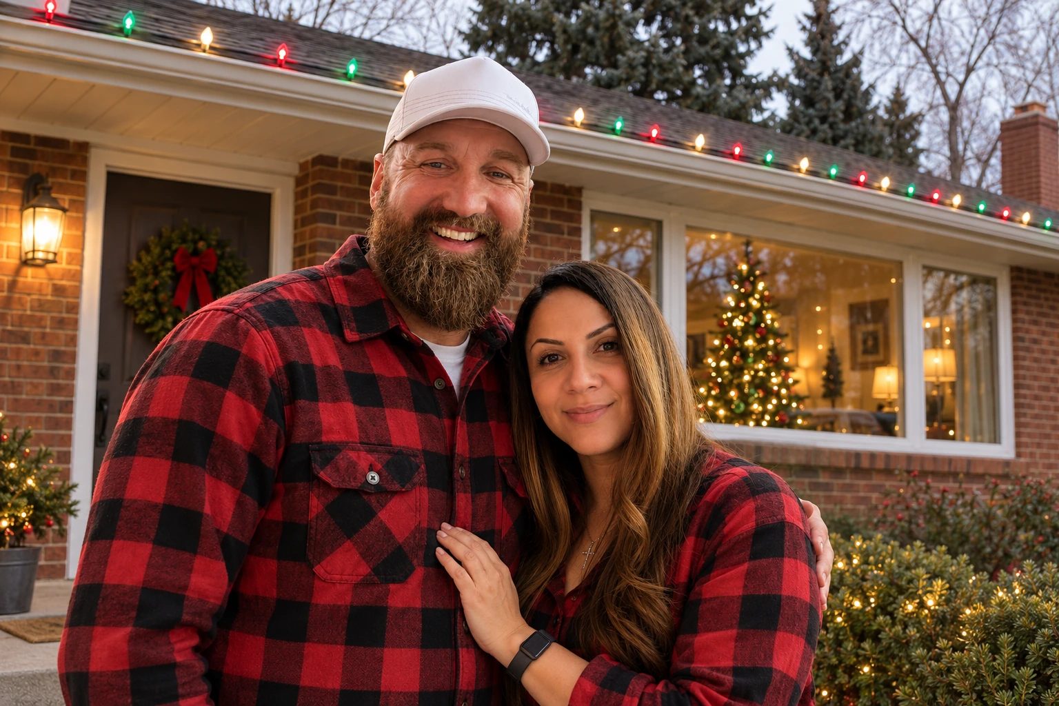 Joe and Celly outside a brick home strung with red and green lights