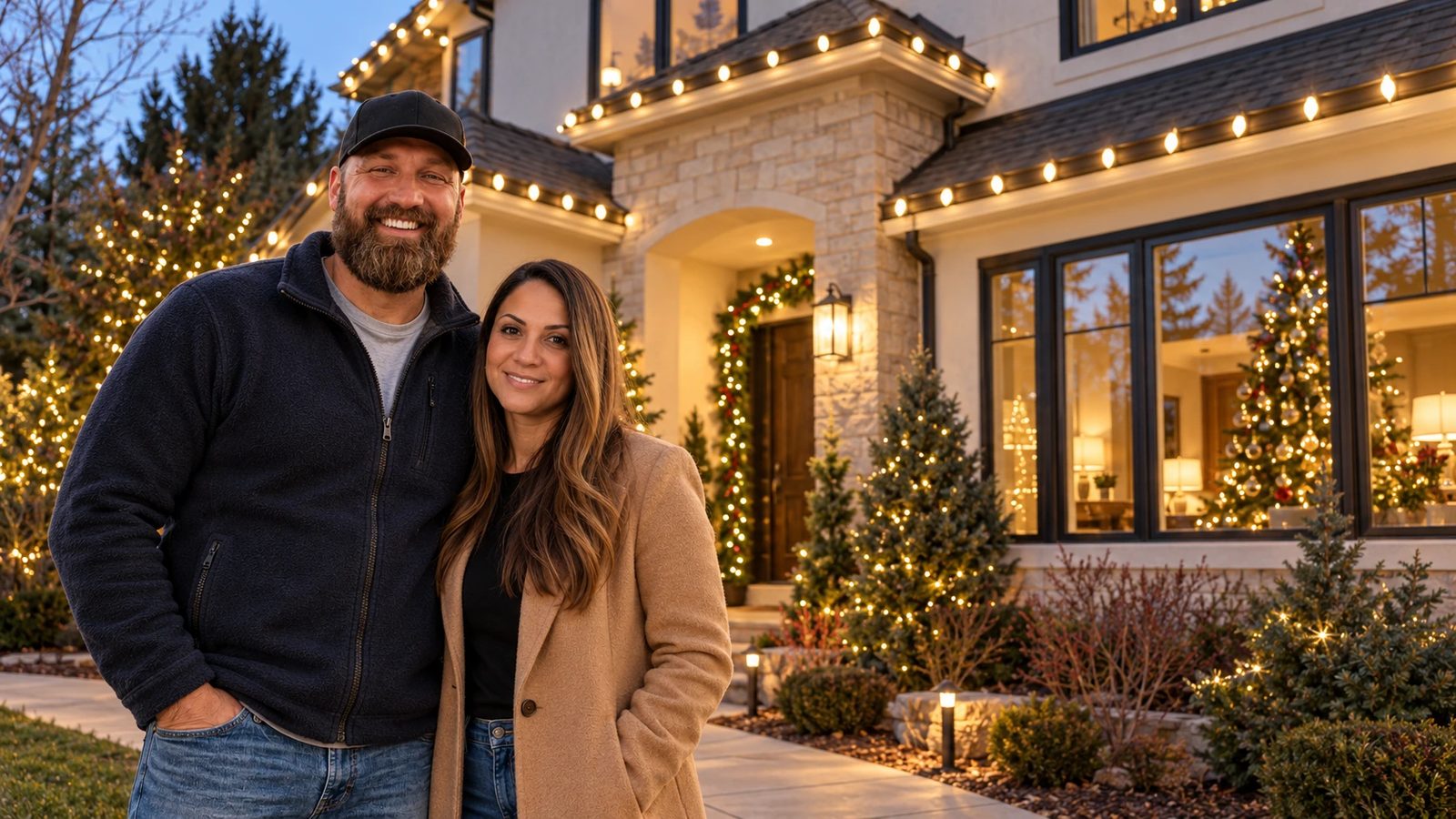 Christmas lights along the roofline of a stone-and-stucco home at dusk