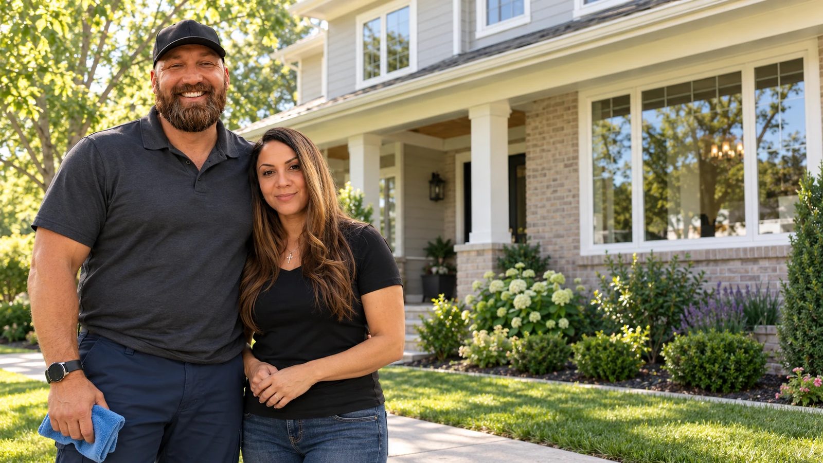 Joe and Celly in front of a two-story home with a wraparound porch