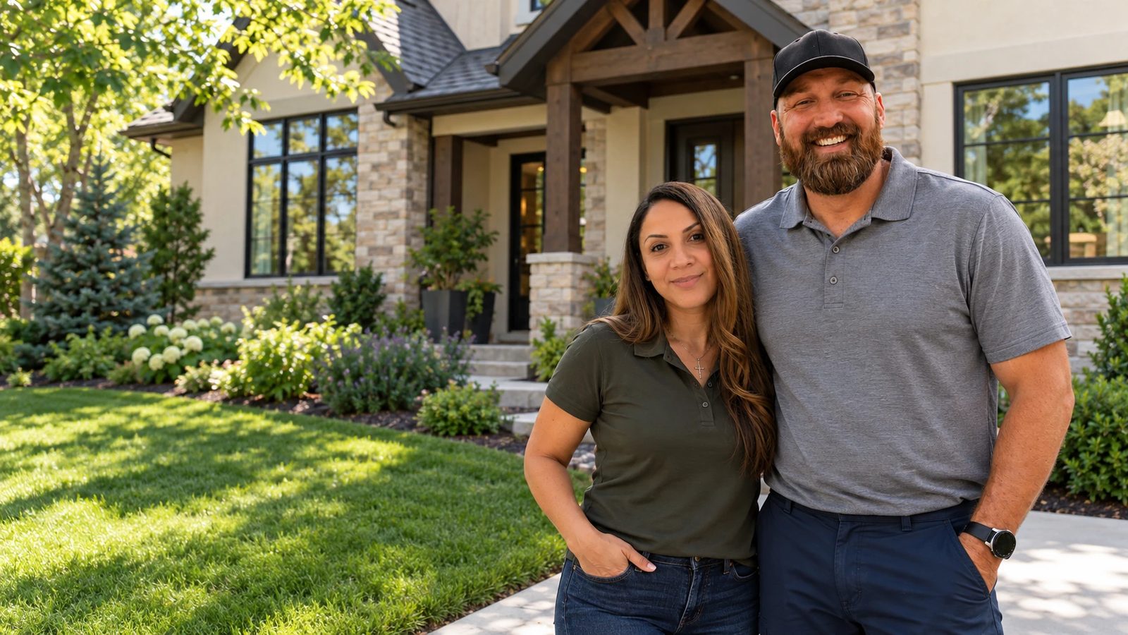 Joe and Celly in front of a stone home with big clean windows