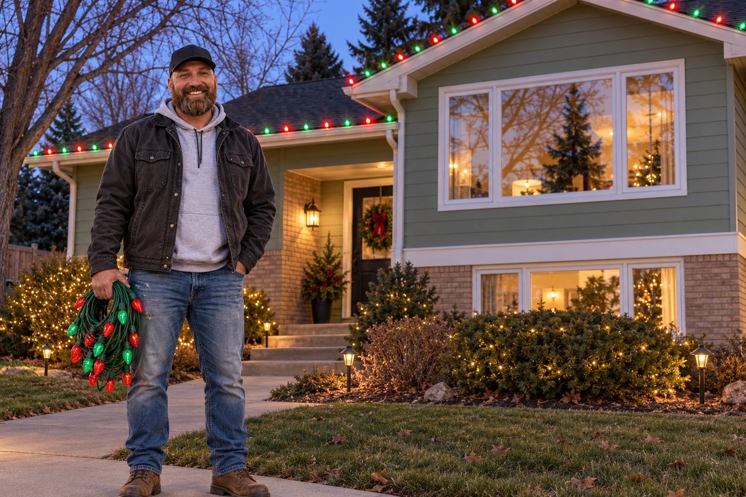 Joe holding a strand of commercial-grade C9 bulbs in front of a lit home