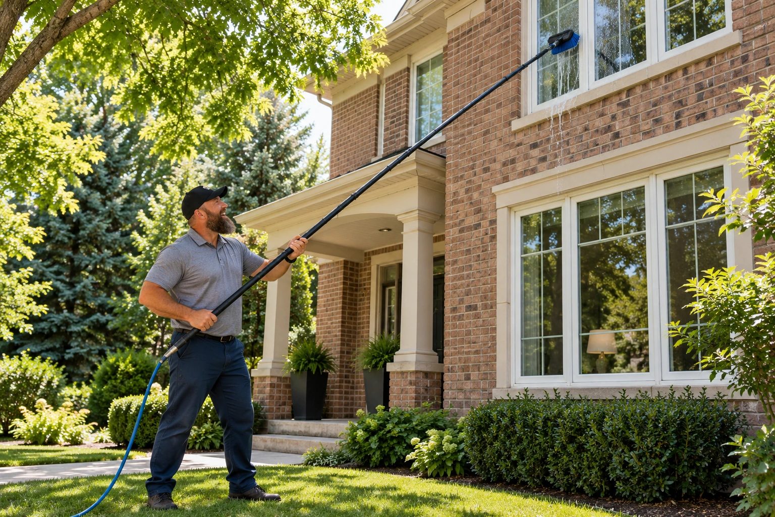 Joe cleaning second-story windows from the ground with a water-fed pole